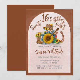 Boho Western Guitar Sonnenblumen Sweet 16 Party Einladung