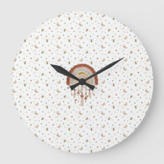 Boho Whimsical Bee & Earthy Rainbow Nursery Round  Große Wanduhr