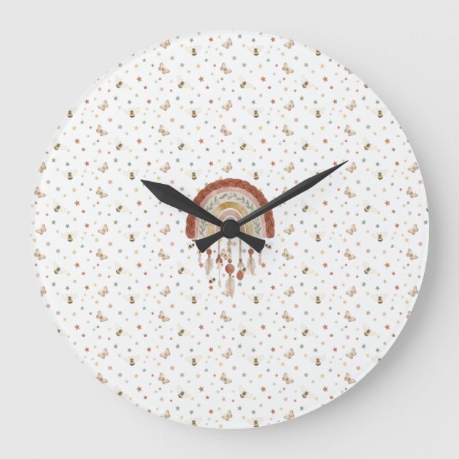 Boho Whimsical Bee & Earthy Rainbow Nursery Round  Große Wanduhr (Vorderseite)