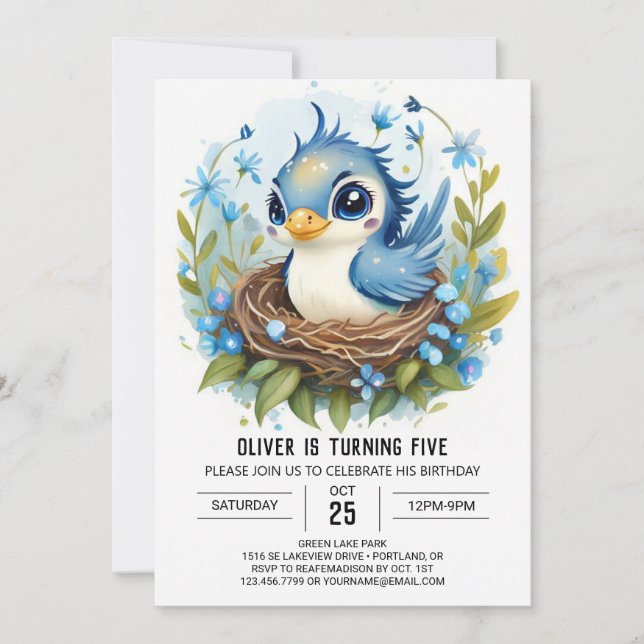 Boho Whimsical Blue Bird Birthday Einladung (Vorderseite)