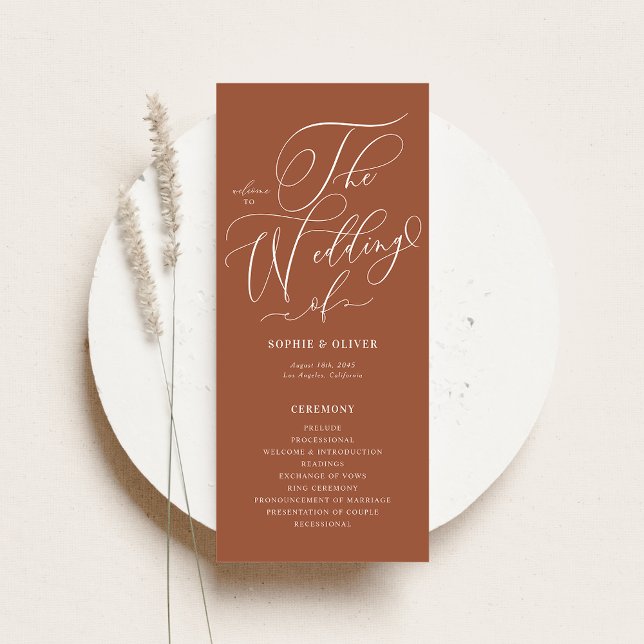 Boho Whimsical Calligraphy Terracotta Wedding Programm (Customizable wedding programs featuring whimsical calligraphy and terracotta background.)