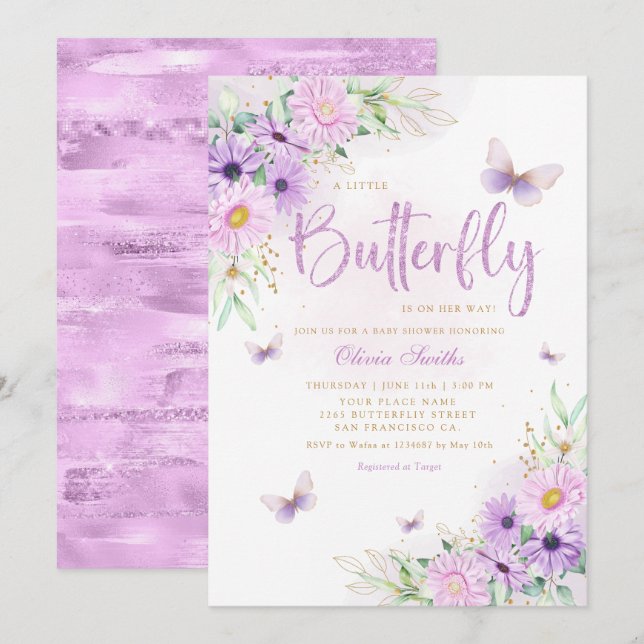 Boho Whimsical Floral Butterfly Girl Babydusche Einladung (Vorne/Hinten)