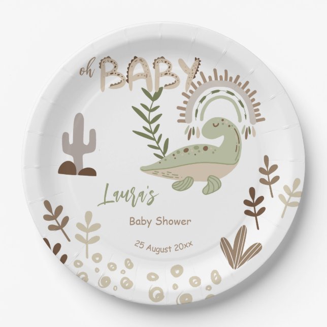 Boho whimsisical Dinosaurier oh Babydusche Pappteller (Vorderseite)