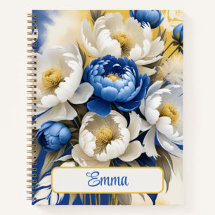 Boho White and Blue Peony Floral Spiral Notizbuch