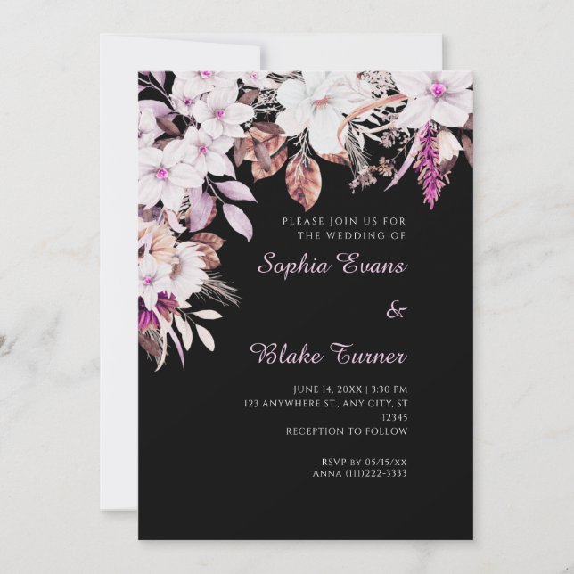 Boho White and Pink Floral Herbst Schwarze Hochzei Einladung (Vorderseite)