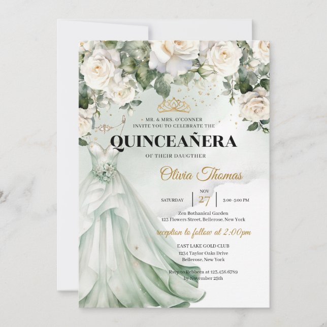 Boho White Dress & White Roses Grüne und Gold Einladung (Vorderseite)