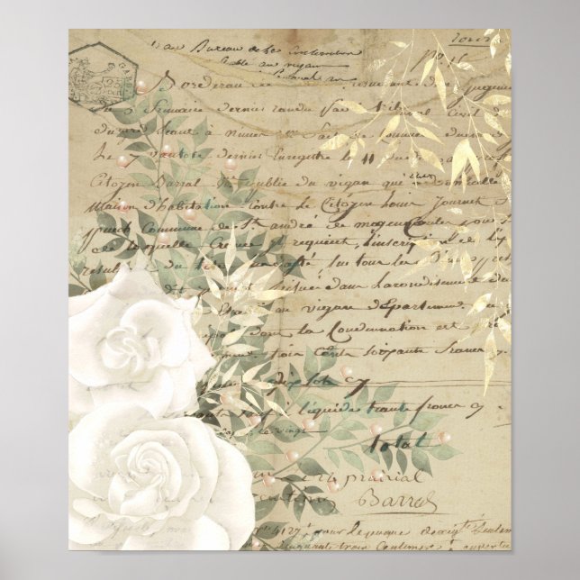 Boho White Floral Greenerity Script Lettering Gold Poster (Vorne)