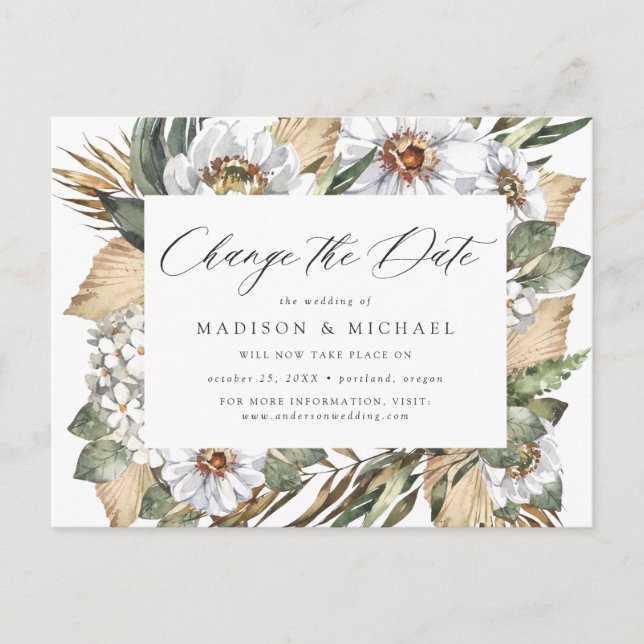Boho White Floral & Greenery Ändern Sie das Datum Ankündigungspostkarte (Vorderseite)