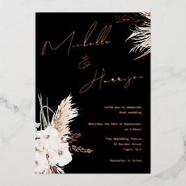 Boho White Floral Script Black Wedding Rose Gold Folieneinladung