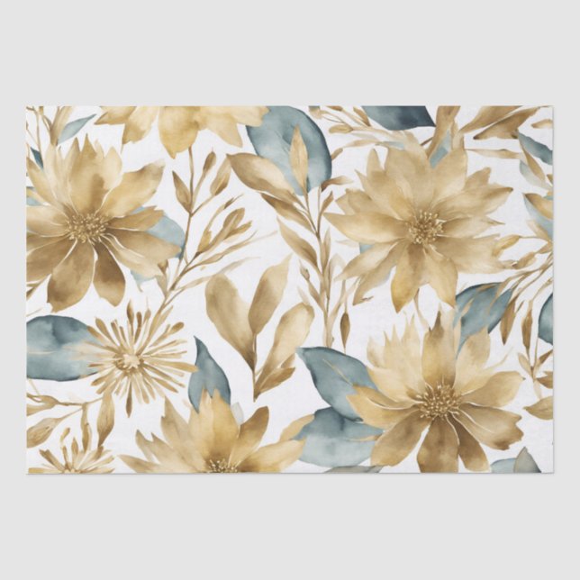 Boho White Gold Aquamarine Blume Seidenpapier (Vorderseite)