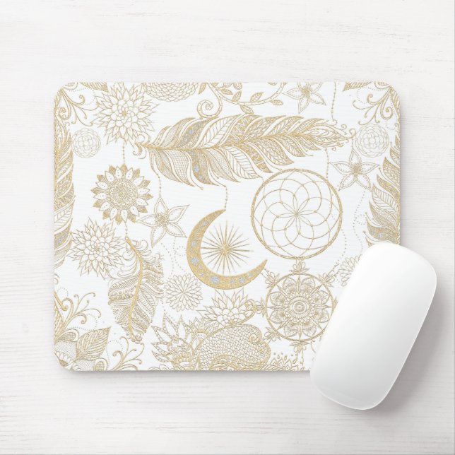 Boho White Gold Floral Feathers Dreamcatcher Mousepad (Mit Mouse)