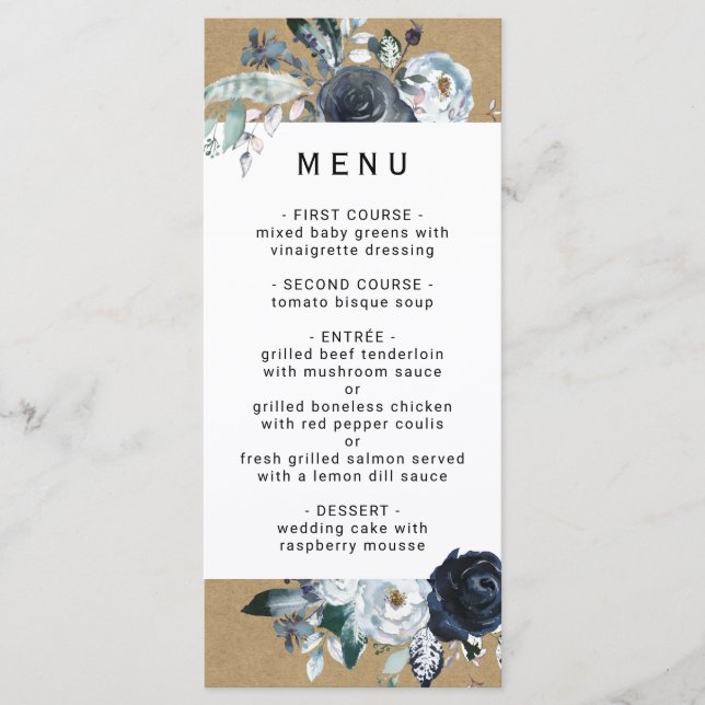 Boho White Navy Peony Imitate Brown Kraft Wedding Menükarte (Vorderseite)