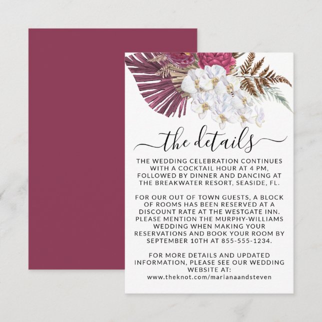 Boho White Orchids Blush Burgundy Floral Wedding E Begleitkarte (Vorne/Hinten)