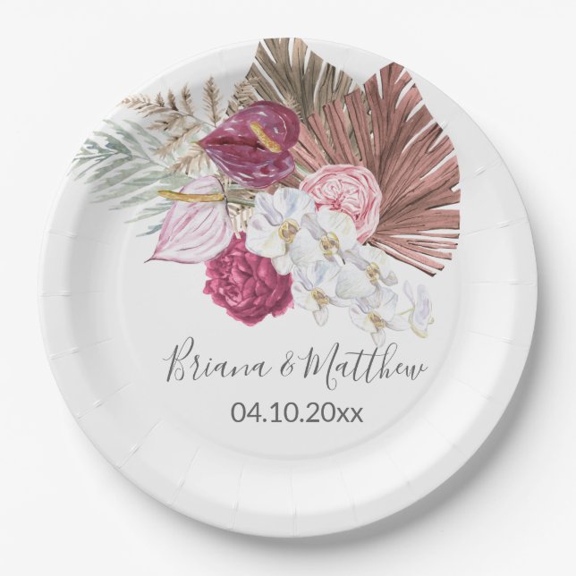 Boho White Orchids Burgundy Floral Wedding Pappteller (Vorderseite)