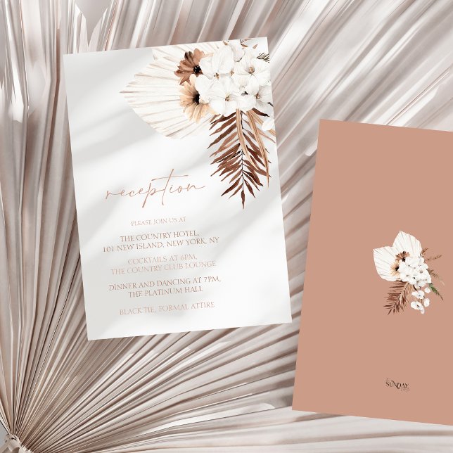 Boho White Orchids Pampas Grass Hochzeitsempfang Begleitkarte (Boho Terracotta Brown Floral Wedding Reception Enclosure Card)