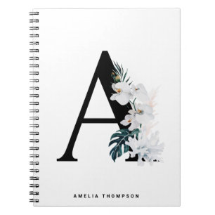 Boho White Orchids Tropical Letter A Monogram Notizblock