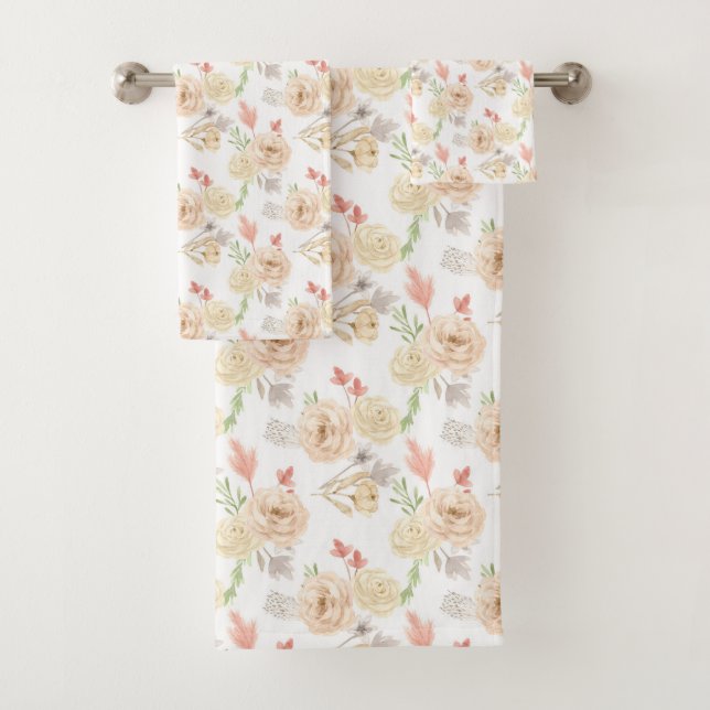 Boho White Peach Cream Floral Trendy Geschenk Badhandtuch Set (Insitu)