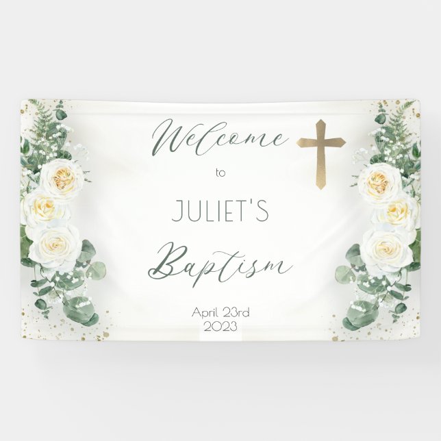 Boho White Rose Bloral Eukalyptus Taufe Willkommen Banner (Horizontal)