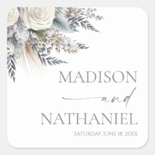 Boho White Rose Blumengarten Hochzeit Quadratischer Aufkleber