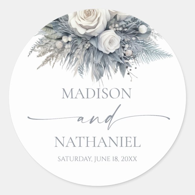 Boho White Rose Blumengarten Hochzeit Runder Aufkleber (Vorderseite)