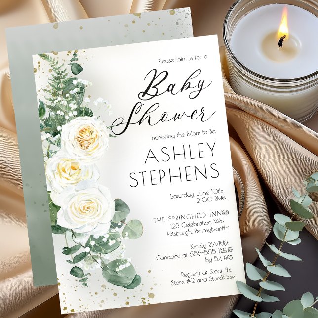 Boho White Rose Floral | Eucalyptus Baby Shooter Einladung (Boho White Roses and Eucalyptus Floral Baby Shower Invitation )
