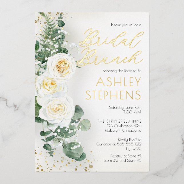 Boho White Rose Floral | Eucalyptus Bridal Brunch Folieneinladung (Vorderseite)
