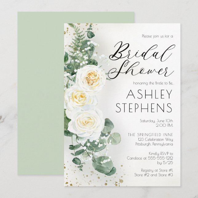 Boho White Rose Floral | Eukalyptus-Brautparty Einladung (Vorne/Hinten)