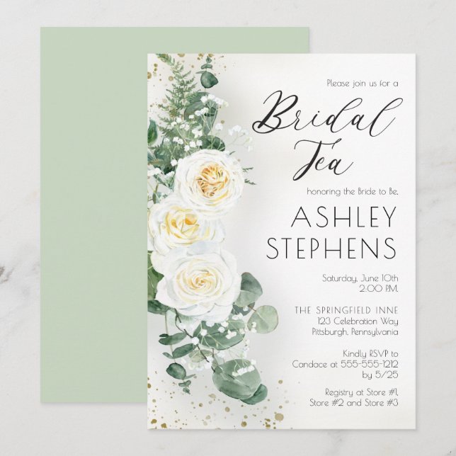 Boho White Rose Floral | Eukalyptus Bridal Tee Einladung (Vorne/Hinten)