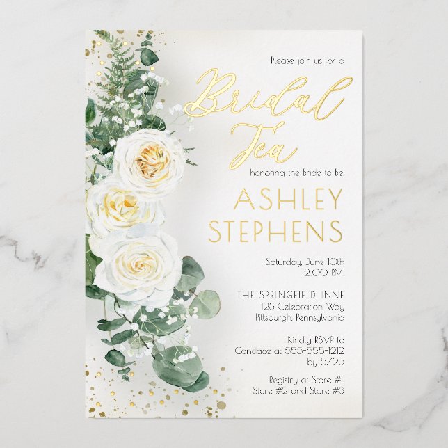 Boho White Rose Floral | Eukalyptus Bridal Tee Folieneinladung (Vorderseite)