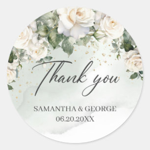 Boho White Roses Blumengarten Grün Runder Aufkleber