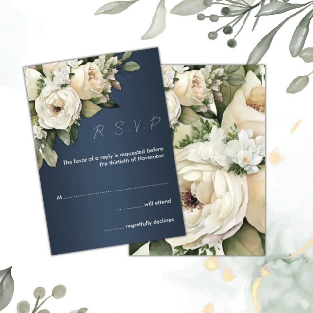 Boho White Roses Dusty Blue Wedding RSVP Einladung (Von Creator hochgeladen)