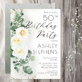 Boho White Roses Eucalyptus 50. Geburtstagsparty Einladung