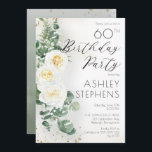 Boho White Roses Eucalyptus 60. Geburtstagsparty Einladung<br><div class="desc">Elegante und klassisch boho-chic weiße Rose und eucalyptus floral "Birthday Party" Drehbuch-Design mit dunkelgoldfarbenen Konfetti und Schatten. Zurück zeigt ein Aquarellgradientengrün mit grünen und dunkelgoldfarbenen Konfetti-Spritzern.</div>