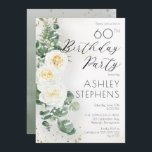 Boho White Roses Eucalyptus 60. Geburtstagsparty Einladung<br><div class="desc">Elegante und klassisch boho-chic weiße Rose und eucalyptus floral "Birthday Party" Drehbuch-Design mit dunkelgoldfarbenen Konfetti und Schatten. Zurück zeigt ein Aquarellgradientengrün mit grünen und dunkelgoldfarbenen Konfetti-Spritzern.</div>