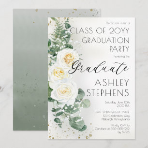 Boho White Roses Eucalyptus Graduation Party Einladung