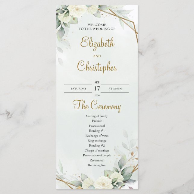 Boho White Roses Eucalyptus Greenery Gold Programm (Vorderseite)