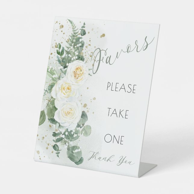 Boho White Roses Eukalyptus Favoriten Bitte nehmen Sockelschild (Vorderseite)