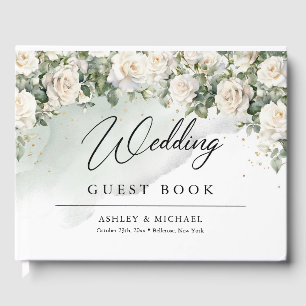 Boho White Roses Grüne und Goldene Hochzeit Gästebuch