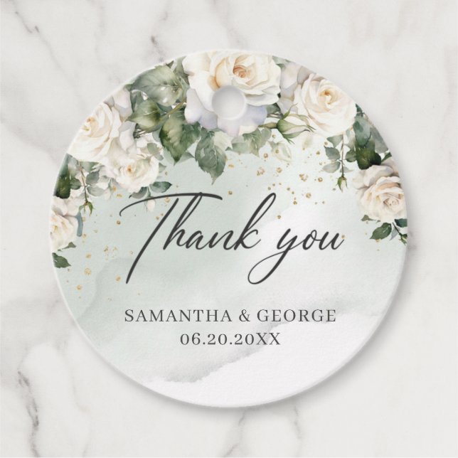 Boho White Roses Grüne und Goldene Hochzeit Geschenkanhänger (Vorderseite)