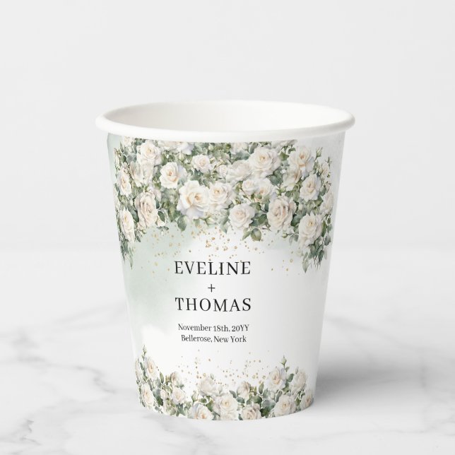 Boho White Roses Weise Grün und Gold Hochzeit Pappbecher (Vorderseite)