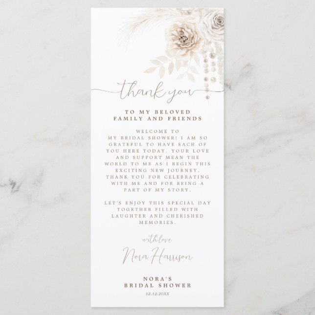 Boho White und Neutral Floral Danke Platzkarte Menükarte (Vorderseite)