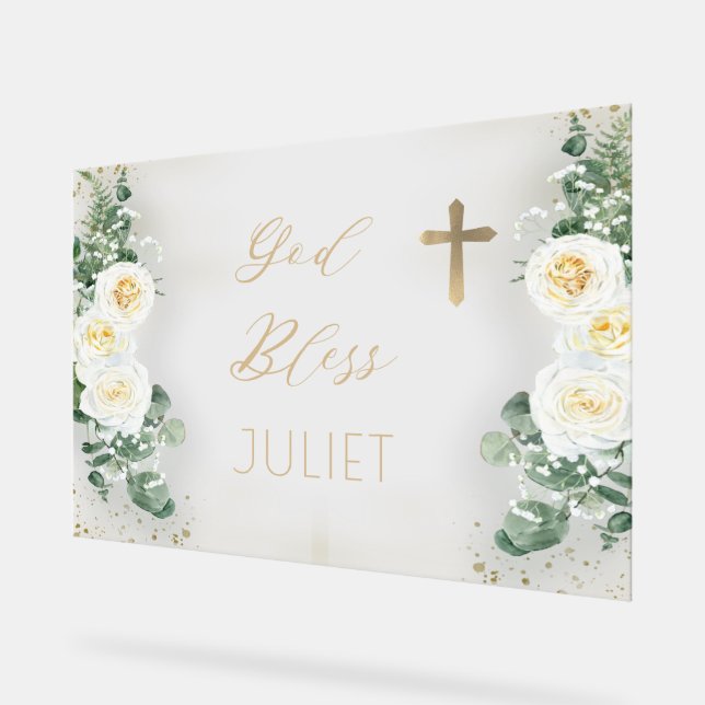 Boho WhiteRose Floral Eukalyptus Taufe Gott segne Acrylschild (Winkel)