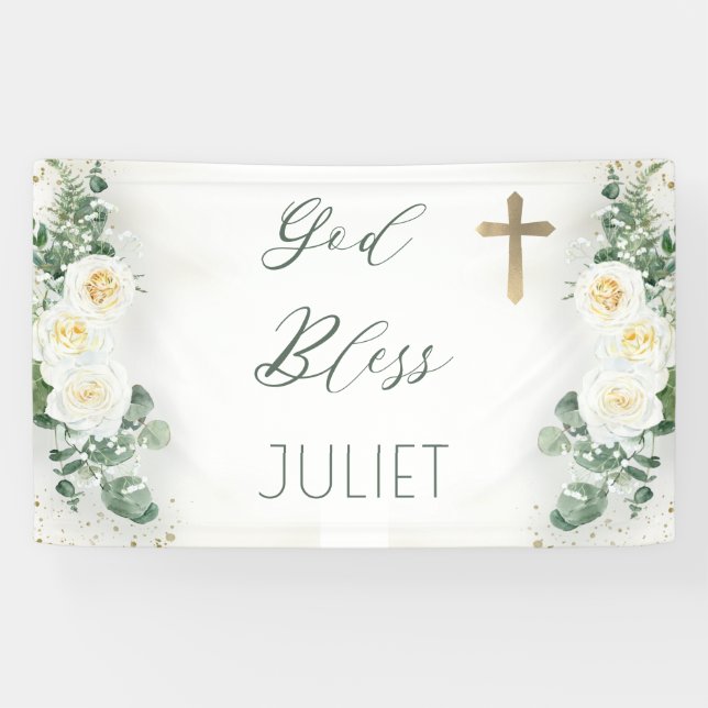 Boho WhiteRose Floral Eukalyptus Taufe Gott segne Banner (Horizontal)
