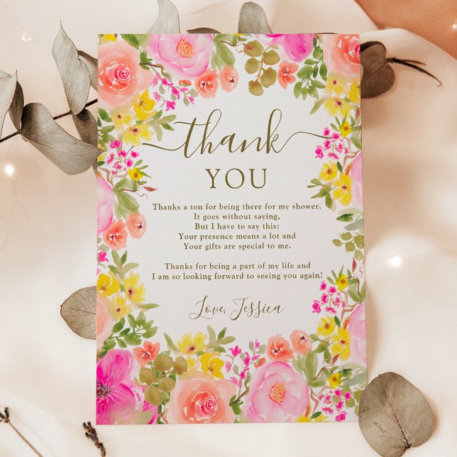 Boho wild flowers garden pink bridal shower dankeskarte (Boho wild flowers garden pink bridal shower thank you card)