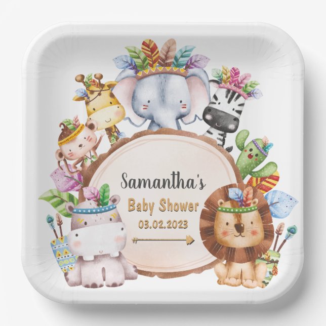 Boho Wild Giraffe Zebra Elephant Baby Shower Pappteller (Vorderseite)