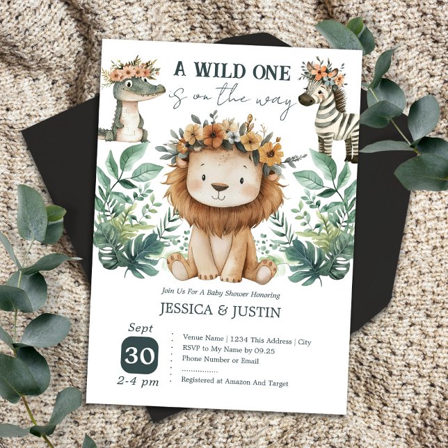 Boho Wild One Lion Floral Baby Shower Einladung (Von Creator hochgeladen)