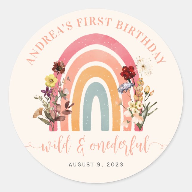 Boho Wild & Onederful Wildblume Rainbow Birthday Runder Aufkleber (Vorderseite)