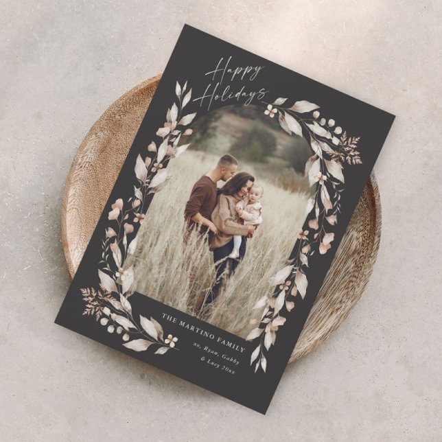 Boho Wildblume Arch Foto Weihnachtsfeiertag Magnetkarte (Boho wildflower arch photo magnetic holiday card with elegant script and hand painted foliage.)