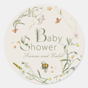 Boho Wildblume Bee Beige Babydusche Runder Aufkleber