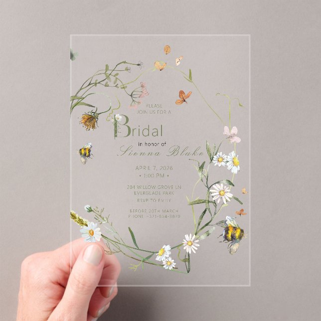 Boho Wildblume Bee Beige Brautparty Acryleinladungen (Insitu (Handheld))